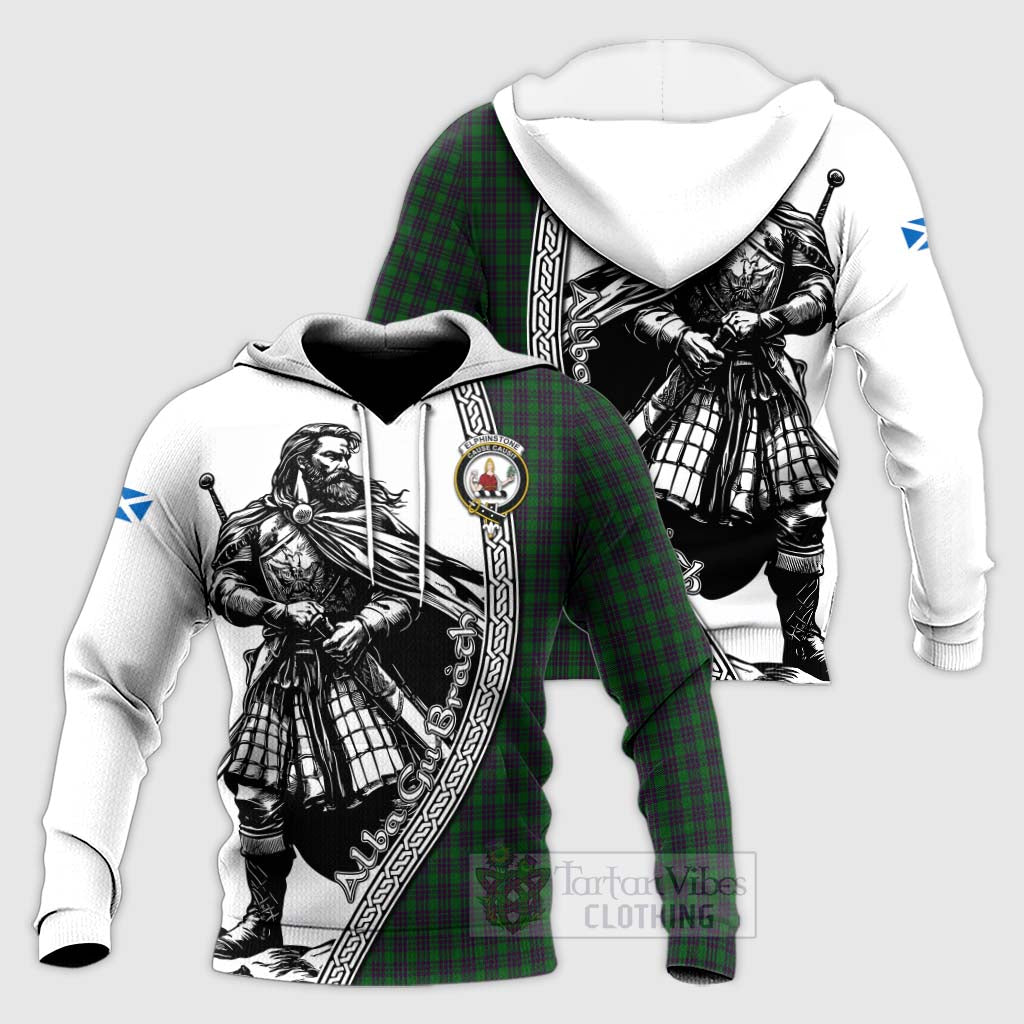 Elphinstone Tartan Clan Crest Knitted Hoodie with Highlander Warrior Celtic Style Unisex Knitted Pullover Hoodie - Tartan Vibes Clothing