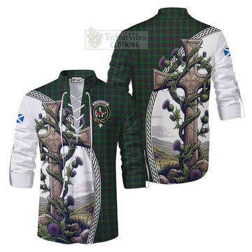 Elphinstone Tartan Ghillie Kilt Shirt with Family Crest and St. Andrew's Cross Accented by Thistle Vines Men - Tartan Vibes Clothing