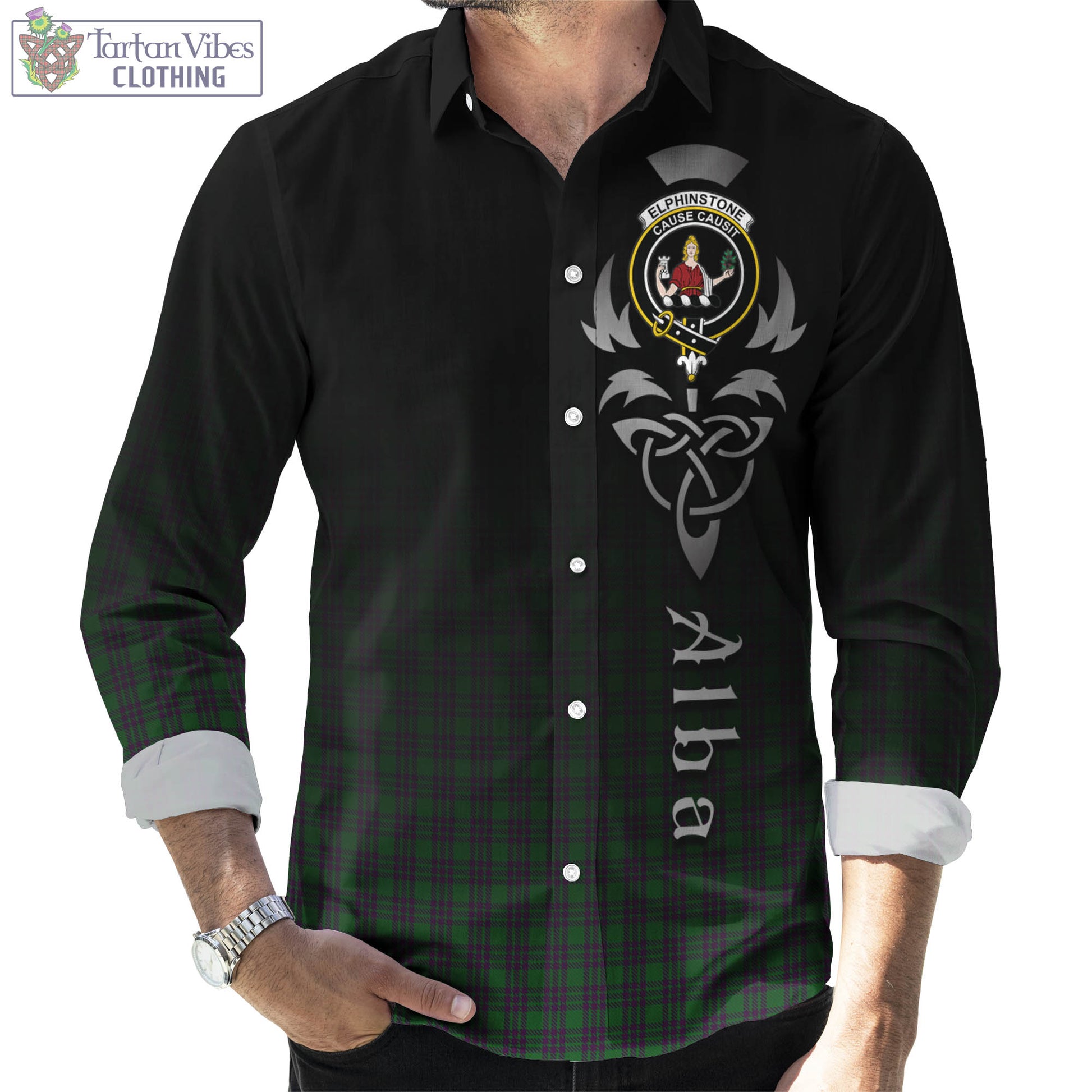 Elphinstone Tartan Long Sleeve Button Up Featuring Alba Gu Brath Family Crest Celtic Inspired Men's Shirt - Tartan Vibes Clothing