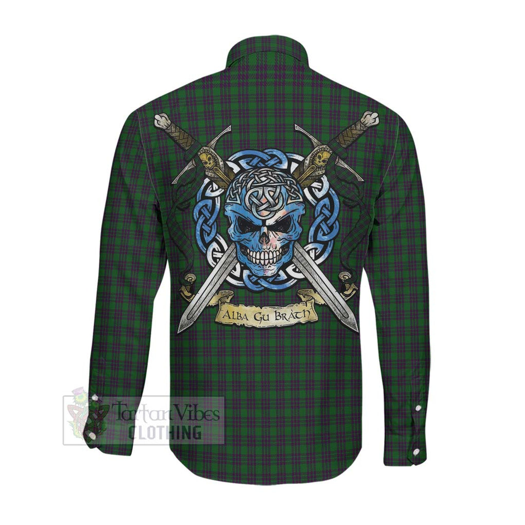 Elphinstone Tartan Long Sleeve Button Shirt with Family Crest Celtic Skull Style Men's Shirt - Tartan Vibes Clothing
