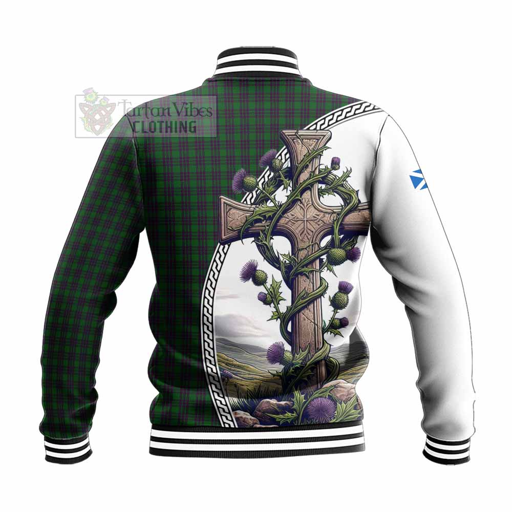 Elphinstone Tartan Baseball Jacket with Family Crest and St. Andrew's Cross Accented by Thistle Vines - Tartan Vibes Clothing
