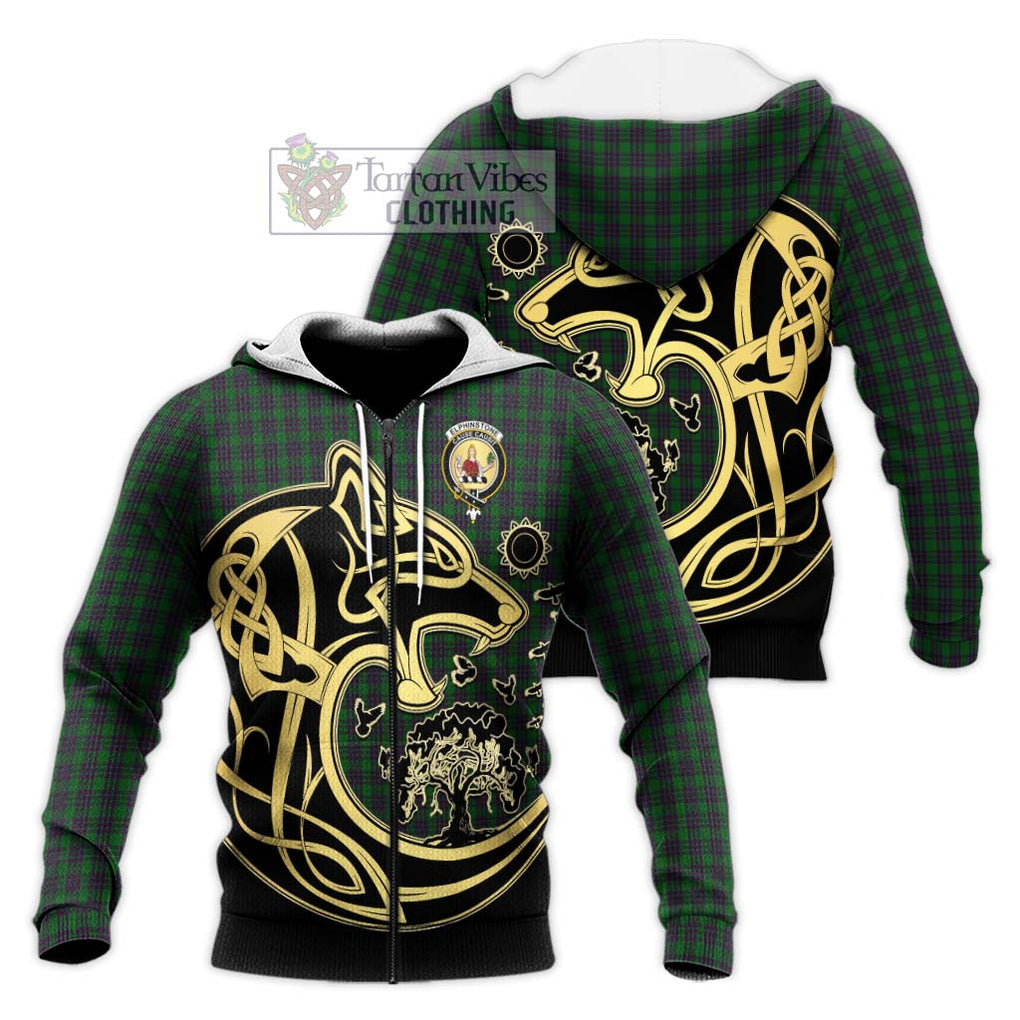 Elphinstone Tartan Knitted Hoodie with Family Crest Celtic Wolf Style Unisex Knitted Zip Hoodie - Tartan Vibes Clothing
