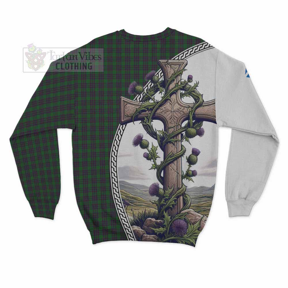 Elphinstone Tartan Sweatshirt with Family Crest and St. Andrew's Cross Accented by Thistle Vines - Tartan Vibes Clothing