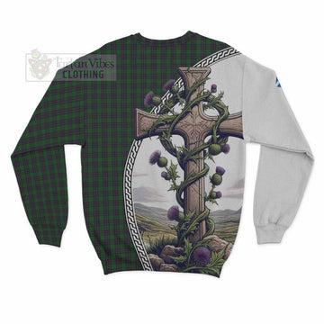 Elphinstone Tartan Sweatshirt with Family Crest and St. Andrew's Cross Accented by Thistle Vines - Tartan Vibes Clothing