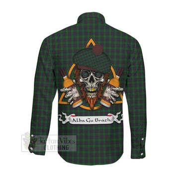 Elphinstone Tartan Long Sleeve Button Shirt with Family Crest and Bearded Skull Holding Bottles of Whiskey Men's Shirt - Tartan Vibes Clothing