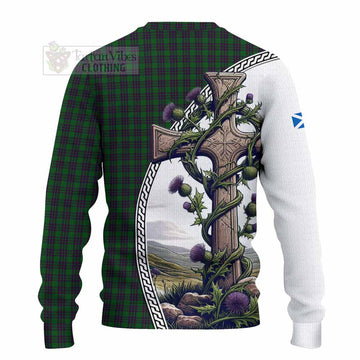 Elphinstone Tartan Knitted Sweater with Family Crest and St. Andrew's Cross Accented by Thistle Vines - Tartan Vibes Clothing