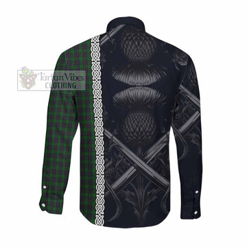 Tartan Vibes Clothing Elphinstone Tartan Long Sleeve Button Shirt with Family Crest Cross Sword Thistle Celtic Vibes