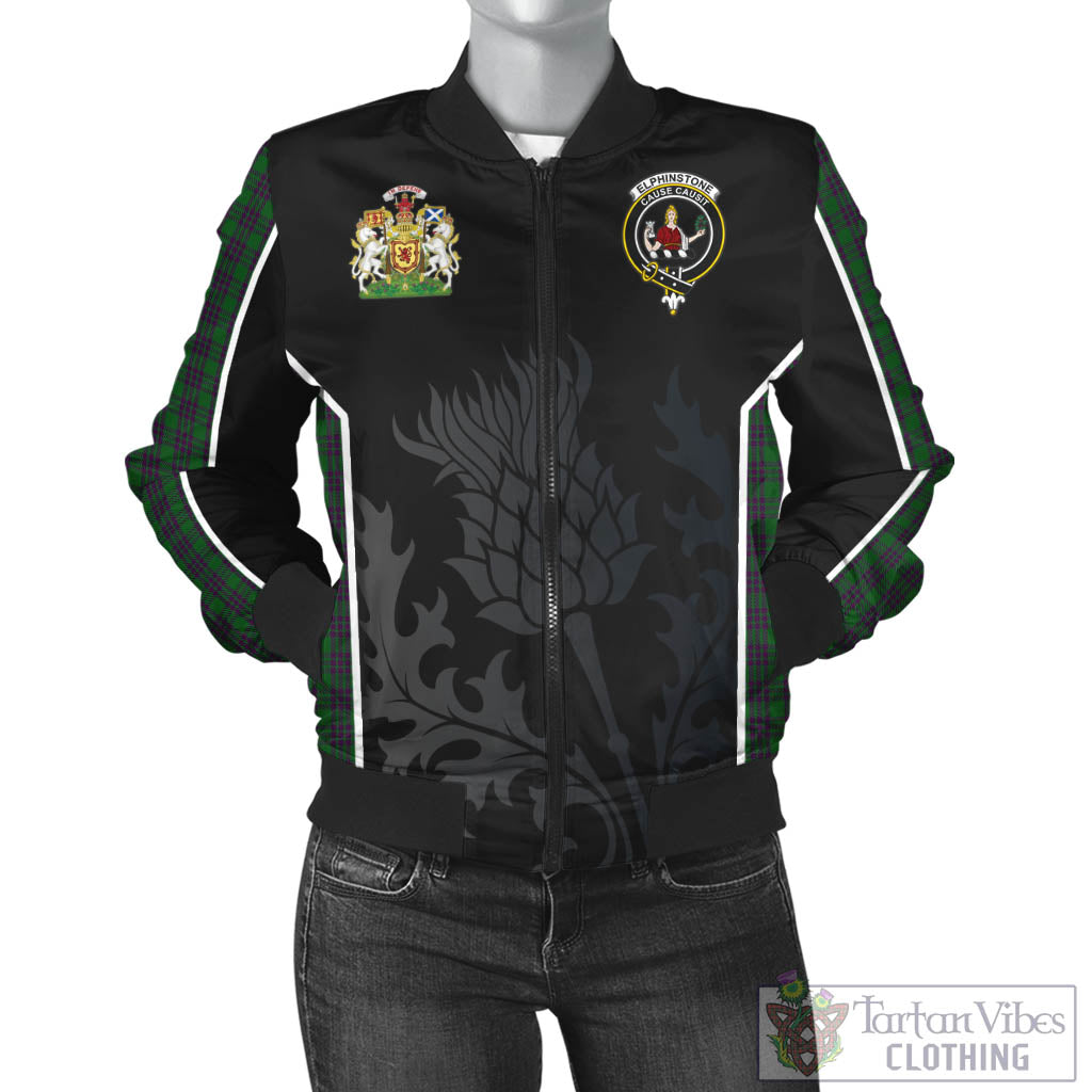 Tartan Vibes Clothing Elphinstone Tartan Bomber Jacket with Family Crest and Scottish Thistle Vibes Sport Style