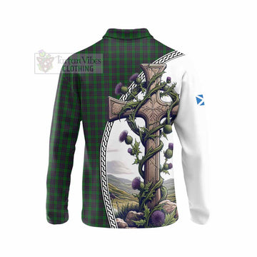 Elphinstone Tartan Long Sleeve Polo Shirt with Family Crest and St. Andrew's Cross Accented by Thistle Vines - Tartan Vibes Clothing