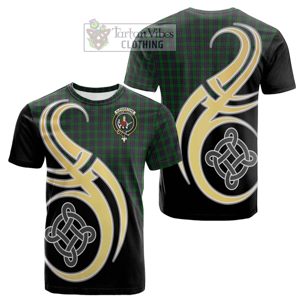 Tartan Vibes Clothing Elphinstone Tartan Cotton T-shirt with Family Crest and Celtic Symbol Style