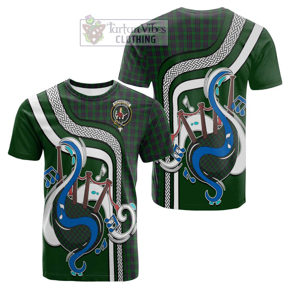 Tartan Vibes Clothing Elphinstone Tartan Cotton T-shirt with Epic Bagpipe Style