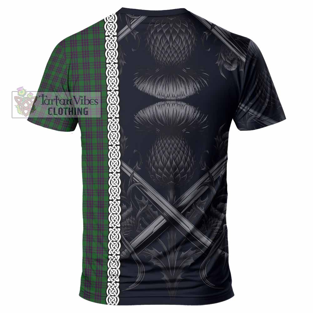 Tartan Vibes Clothing Elphinstone Tartan T-Shirt with Family Crest Cross Sword Thistle Celtic Vibes