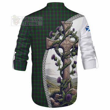 Elphinstone Tartan Ghillie Kilt Shirt with Family Crest and St. Andrew's Cross Accented by Thistle Vines - Tartan Vibes Clothing