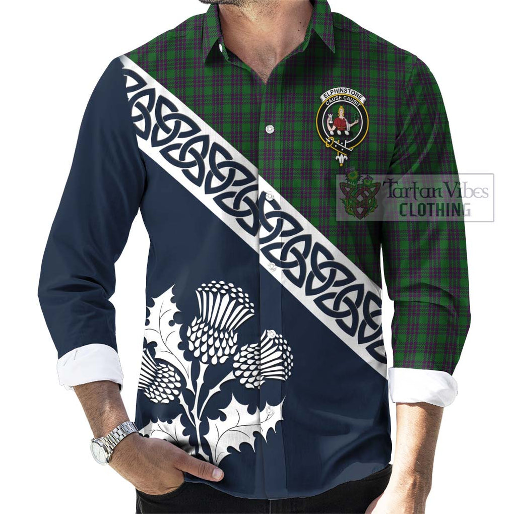 Elphinstone Tartan Long Sleeve Button Shirt Featuring Thistle and Scotland Map Men's Shirt - Tartan Vibes Clothing
