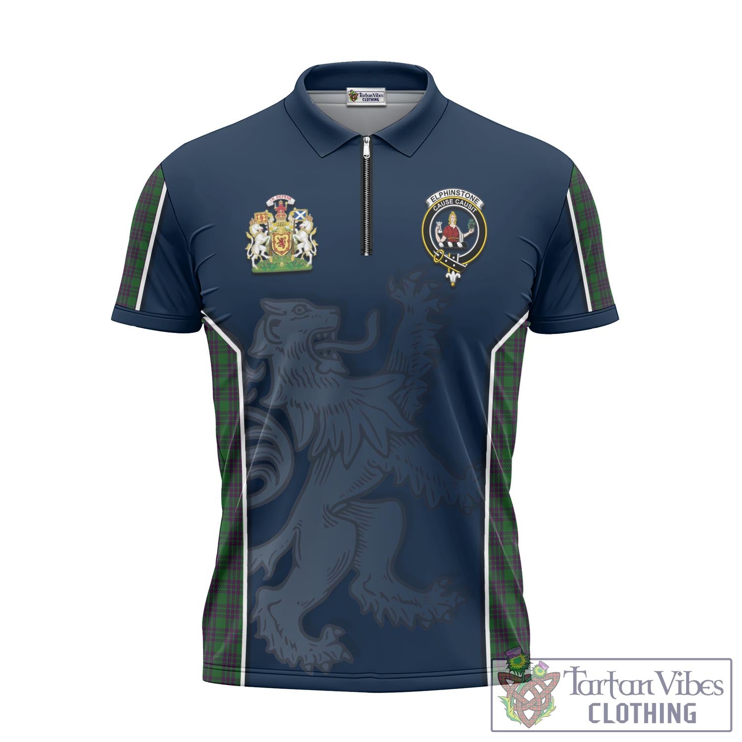 Tartan Vibes Clothing Elphinstone Tartan Zipper Polo Shirt with Family Crest and Lion Rampant Vibes Sport Style