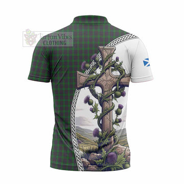 Elphinstone Tartan Zipper Polo Shirt with Family Crest and St. Andrew's Cross Accented by Thistle Vines - Tartan Vibes Clothing