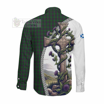 Elphinstone Tartan Long Sleeve Button Shirt with Family Crest and St. Andrew's Cross Accented by Thistle Vines Men's Shirt - Tartan Vibes Clothing