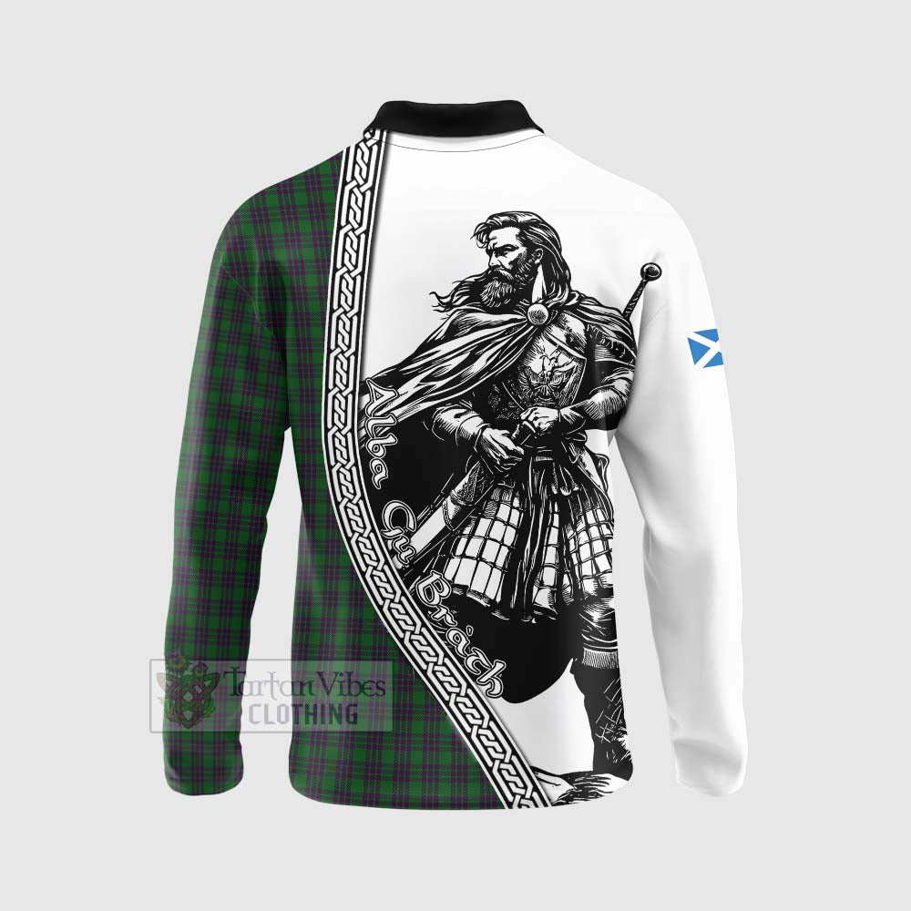 Elphinstone Tartan Clan Crest Long Sleeve Polo Shirt with Highlander Warrior Celtic Style - Tartan Vibes Clothing