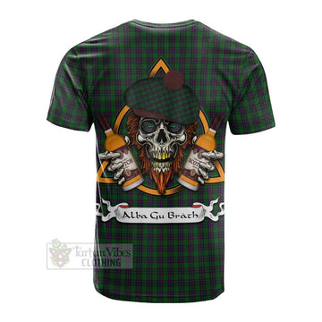 Elphinstone Tartan Cotton T-shirt with Family Crest and Bearded Skull Holding Bottles of Whiskey