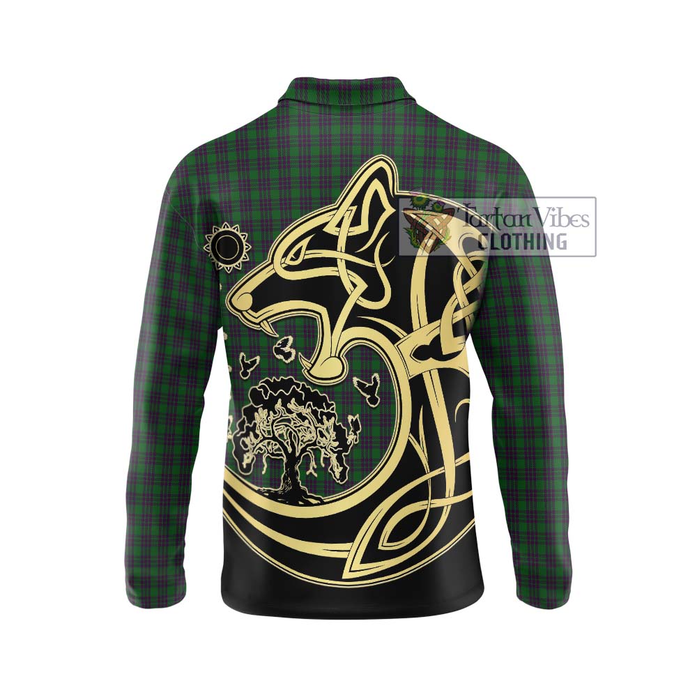 Elphinstone Tartan Long Sleeve Polo Shirt with Family Crest Celtic Wolf Style - Tartan Vibes Clothing