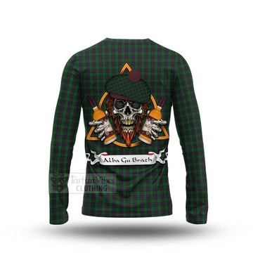 Elphinstone Tartan Long Sleeve T-Shirt with Family Crest and Bearded Skull Holding Bottles of Whiskey - Tartan Vibes Clothing