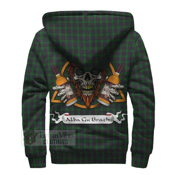Elphinstone Tartan Sherpa Hoodie with Family Crest and Bearded Skull Holding Bottles of Whiskey - Tartan Vibes Clothing