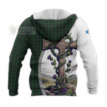 Elphinstone Tartan Knitted Hoodie with Family Crest and St. Andrew's Cross Accented by Thistle Vines - Tartan Vibes Clothing