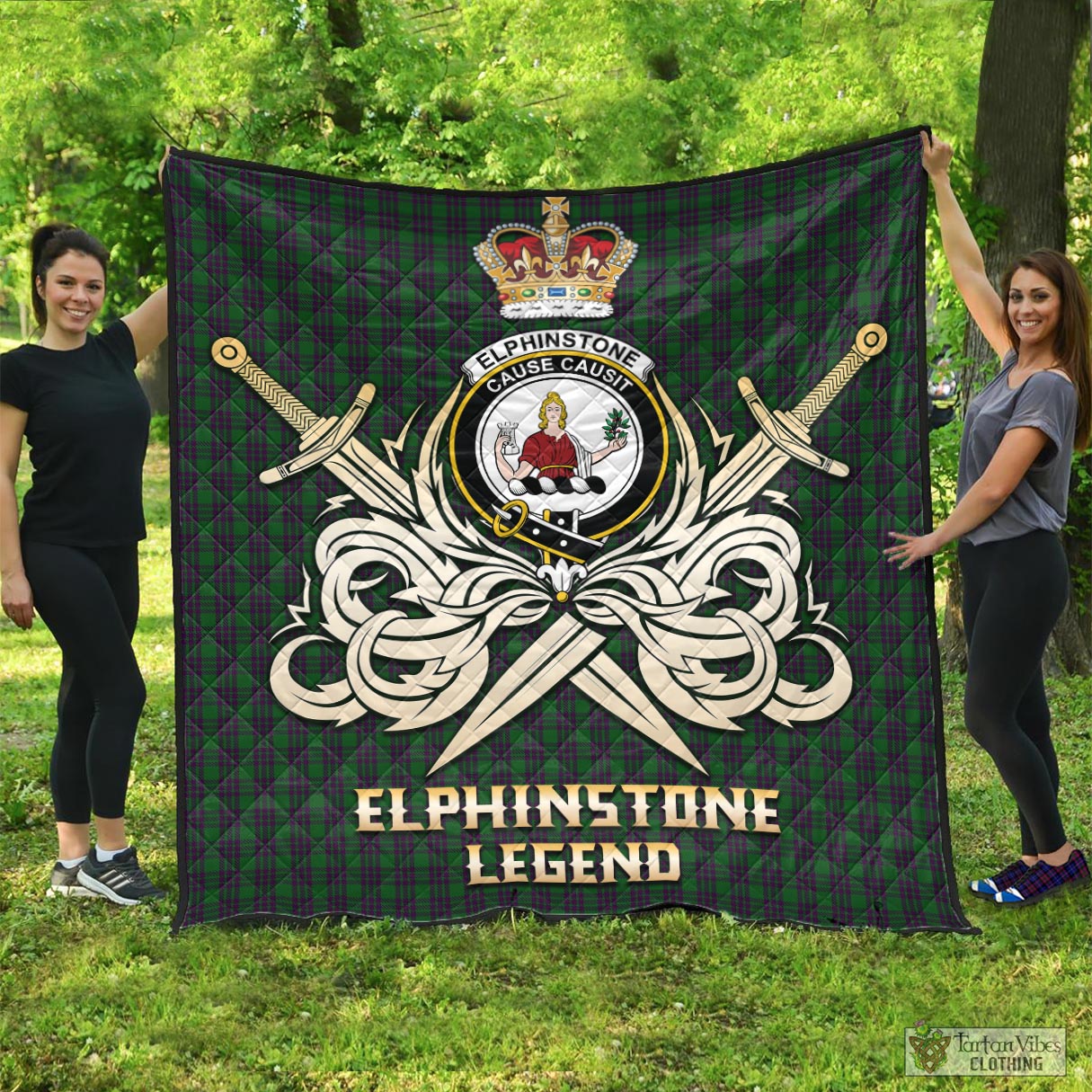 Tartan Vibes Clothing Elphinstone Tartan Quilt with Clan Crest and the Golden Sword of Courageous Legacy
