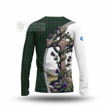 Elphinstone Tartan Long Sleeve T-Shirt with Family Crest and St. Andrew's Cross Accented by Thistle Vines - Tartan Vibes Clothing