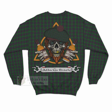 Elphinstone Tartan Sweatshirt with Family Crest and Bearded Skull Holding Bottles of Whiskey - Tartan Vibes Clothing