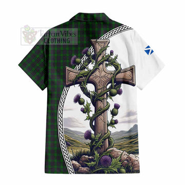 Elphinstone Tartan Hawaiian Shirt with Family Crest and St. Andrew's Cross Accented by Thistle Vines - Tartan Vibes Clothing