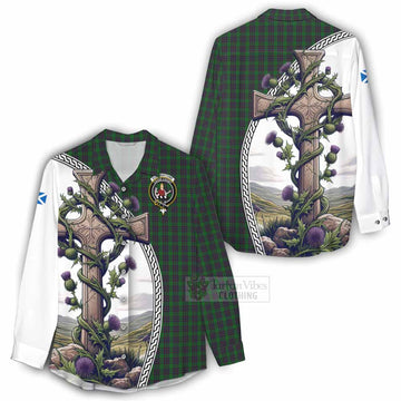Elphinstone Tartan Women's Casual Shirt with Family Crest and St. Andrew's Cross Accented by Thistle Vines - Tartan Vibes Clothing