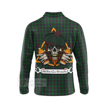 Elphinstone Tartan Long Sleeve Polo Shirt with Family Crest and Bearded Skull Holding Bottles of Whiskey - Tartan Vibes Clothing