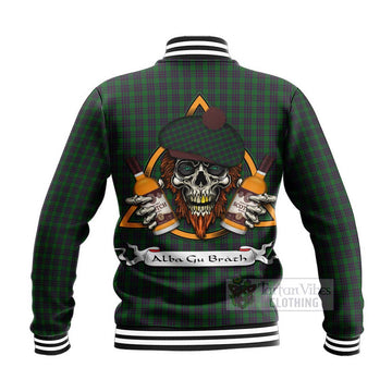 Elphinstone Tartan Baseball Jacket with Family Crest and Bearded Skull Holding Bottles of Whiskey - Tartan Vibes Clothing