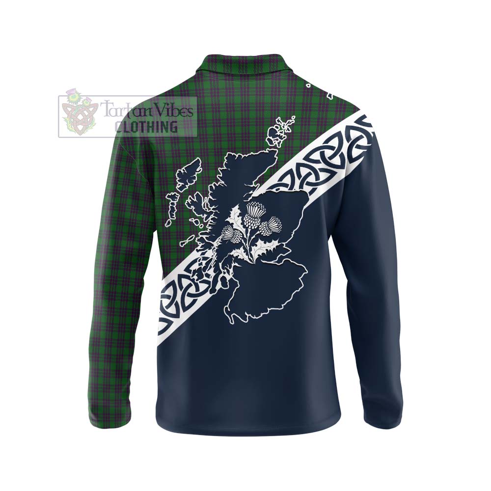 Elphinstone Tartan Long Sleeve Polo Shirt Featuring Thistle and Scotland Map - Tartan Vibes Clothing