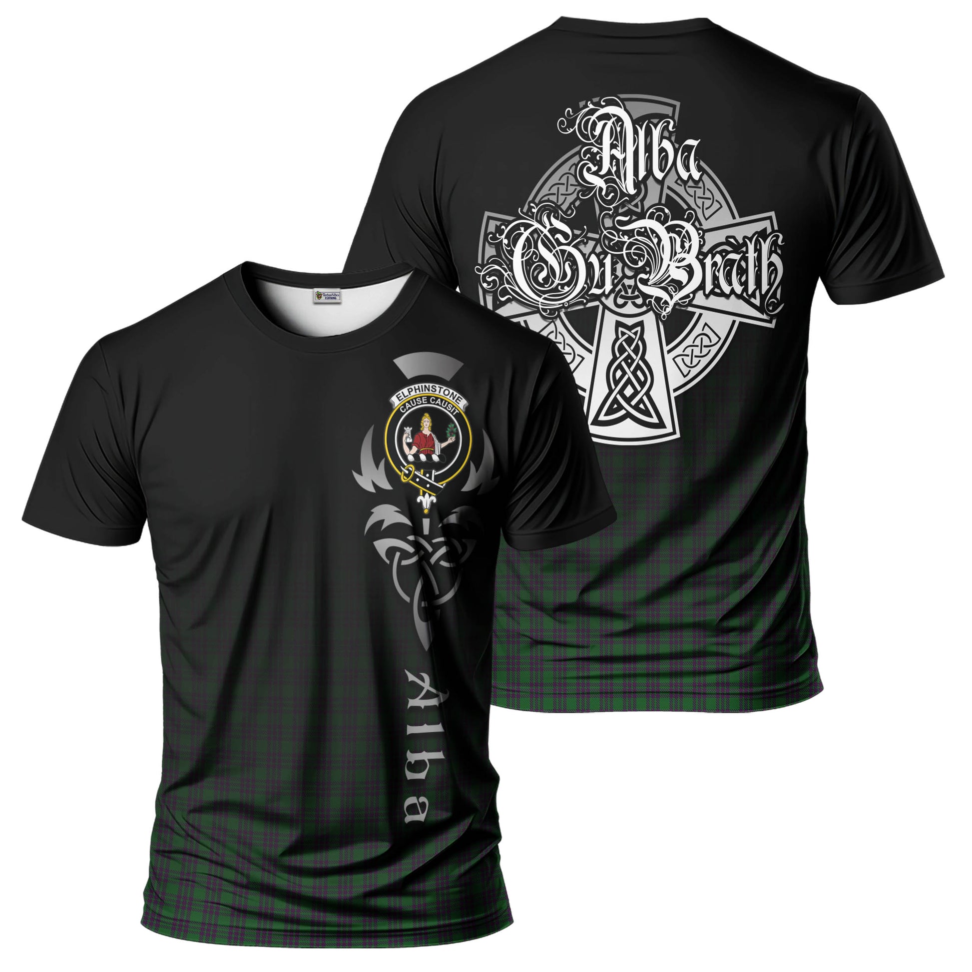 Tartan Vibes Clothing Elphinstone Tartan T-Shirt Featuring Alba Gu Brath Family Crest Celtic Inspired