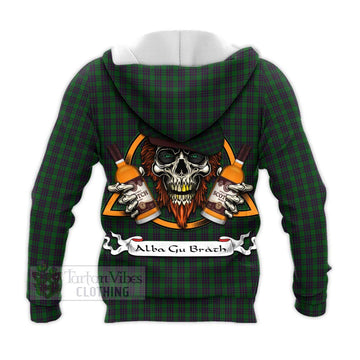 Elphinstone Tartan Knitted Hoodie with Family Crest and Bearded Skull Holding Bottles of Whiskey - Tartan Vibes Clothing