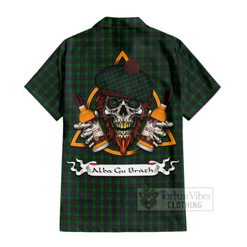 Elphinstone Tartan Hawaiian Shirt with Family Crest and Bearded Skull Holding Bottles of Whiskey - Tartan Vibes Clothing