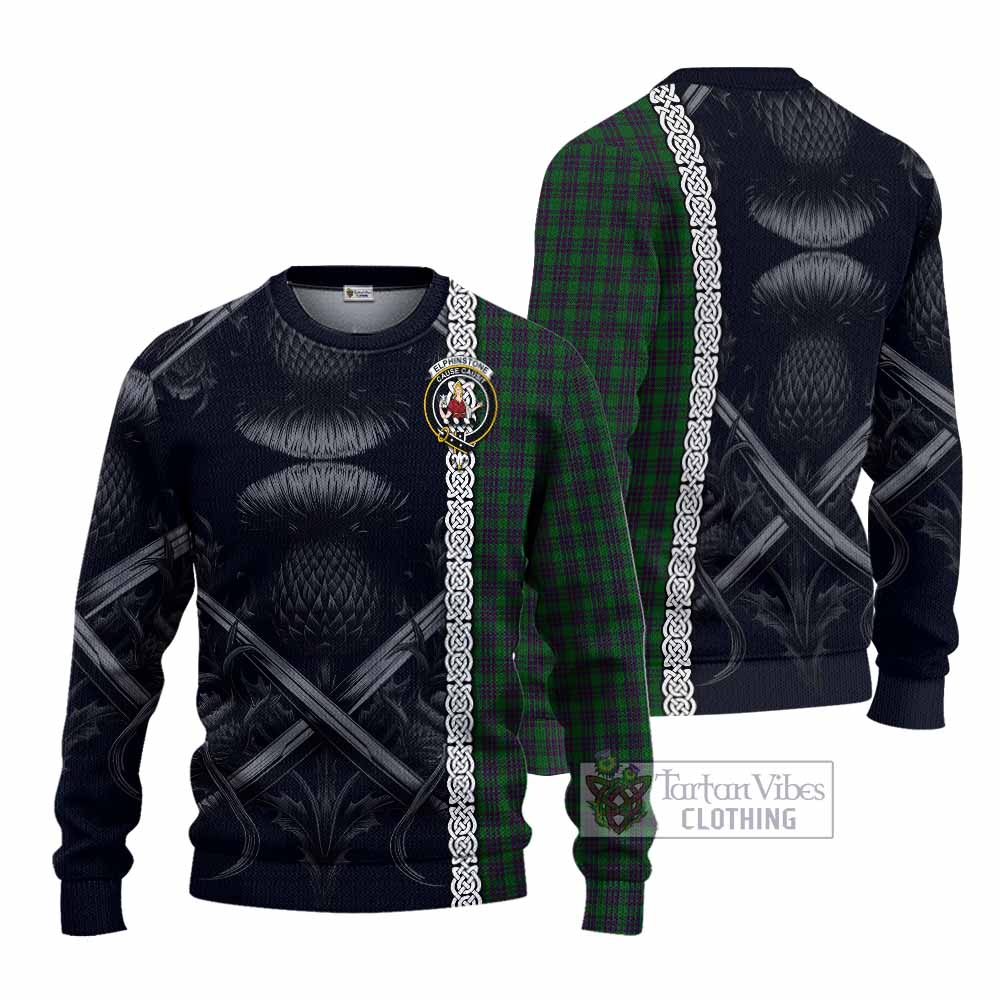 Elphinstone Tartan Knitted Sweater with Family Crest Cross Sword Thistle Celtic Vibes - Tartan Vibes Clothing