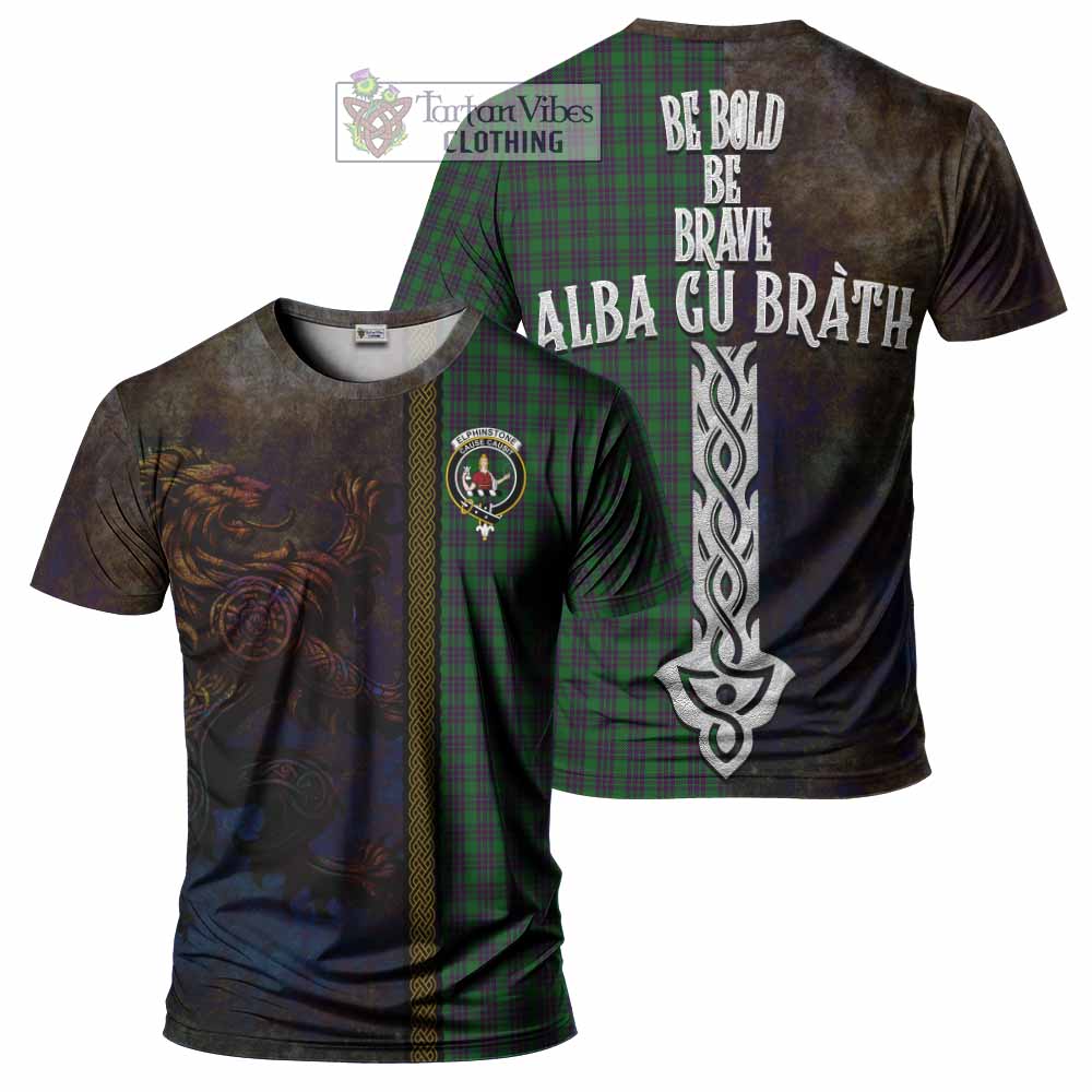 Tartan Vibes Clothing Elphinstone Tartan Family Crest T-Shirt Alba Gu Brath Be Brave Lion Ancient Style