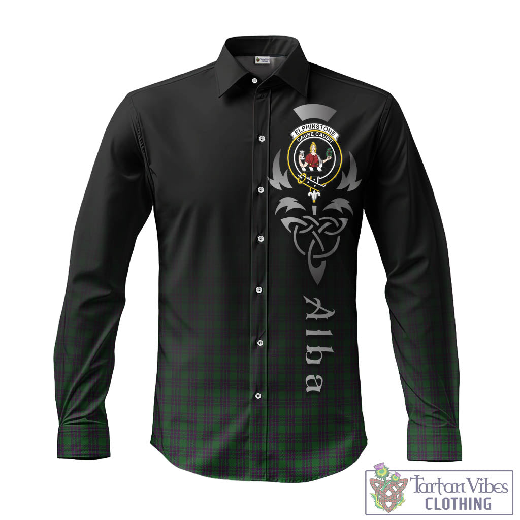 Tartan Vibes Clothing Elphinstone Tartan Long Sleeve Button Up Featuring Alba Gu Brath Family Crest Celtic Inspired