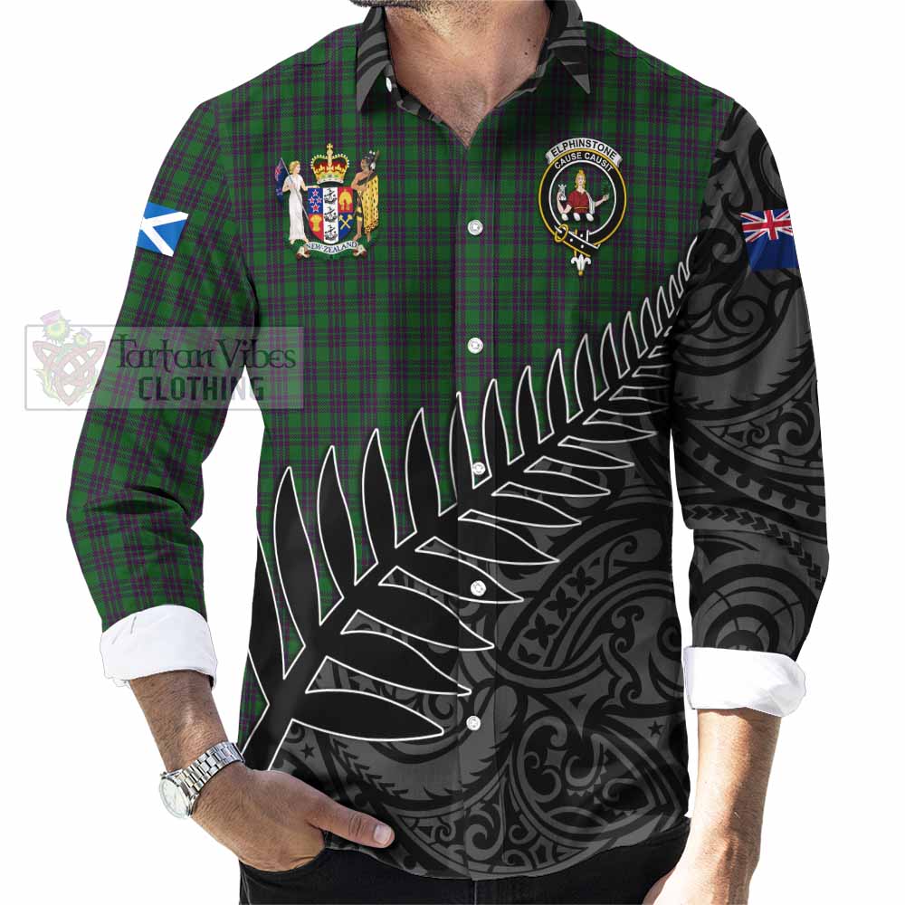 Tartan Vibes Clothing Elphinstone Crest Tartan Long Sleeve Button Shirt with New Zealand Silver Fern Half Style