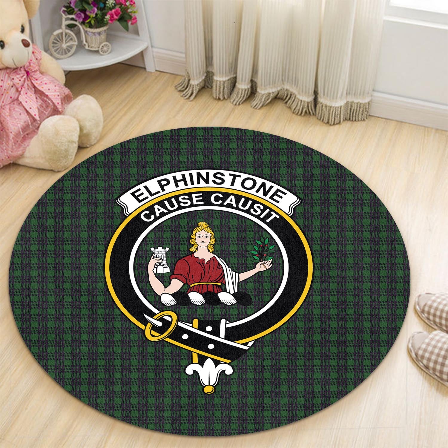 Elphinstone Tartan Round Rug with Family Crest - Tartan Vibes Clothing