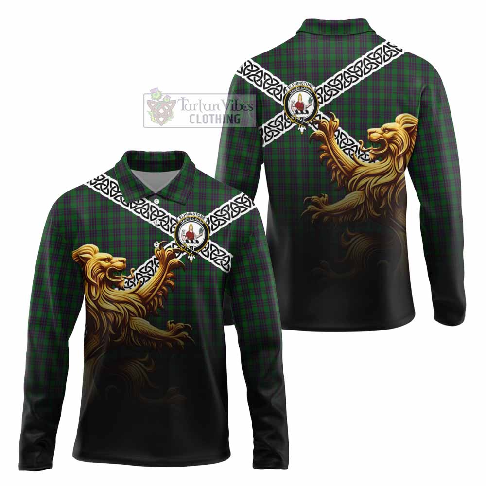 Elphinstone Crest Tartan Long Sleeve Polo Shirt with Golden Lion Emblem Celtic Style - Tartan Vibes Clothing