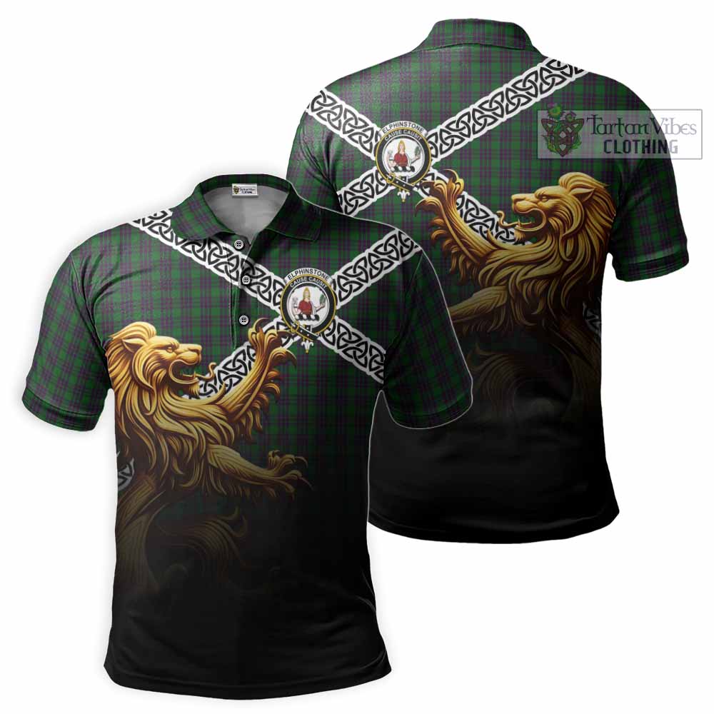 Elphinstone Crest Tartan Polo Shirt with Golden Lion Emblem Celtic Style - Tartan Vibes Clothing