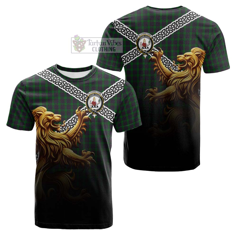 Tartan Vibes Clothing Elphinstone Crest Tartan Cotton T-shirt with Golden Lion Emblem Celtic Style