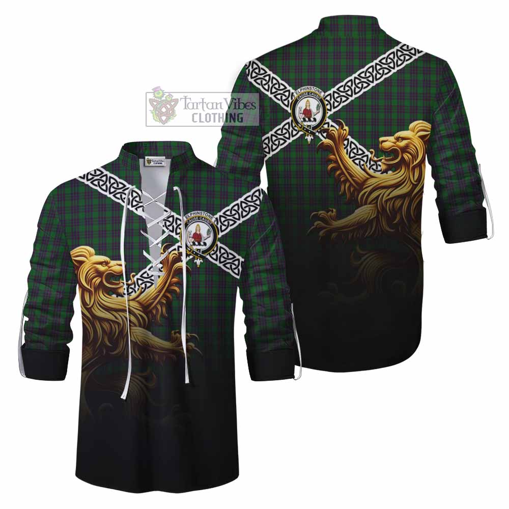 Elphinstone Crest Tartan Ghillie Kilt Shirt with Golden Lion Emblem Celtic Style - Tartan Vibes Clothing