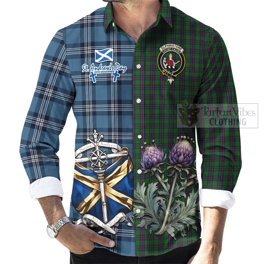 Elphinstone Tartan Long Sleeve Button Shirt Happy St. Andrew's Day Half Tartan Style - Tartan Vibes Clothing