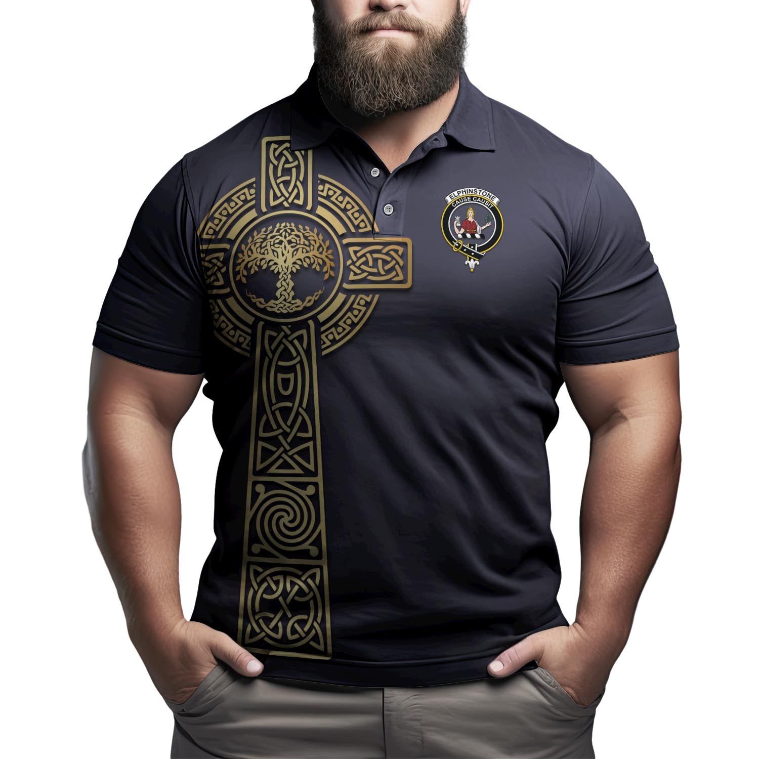 Elphinstone Clan Polo Shirt with Golden Celtic Tree Of Life - Tartanvibesclothing