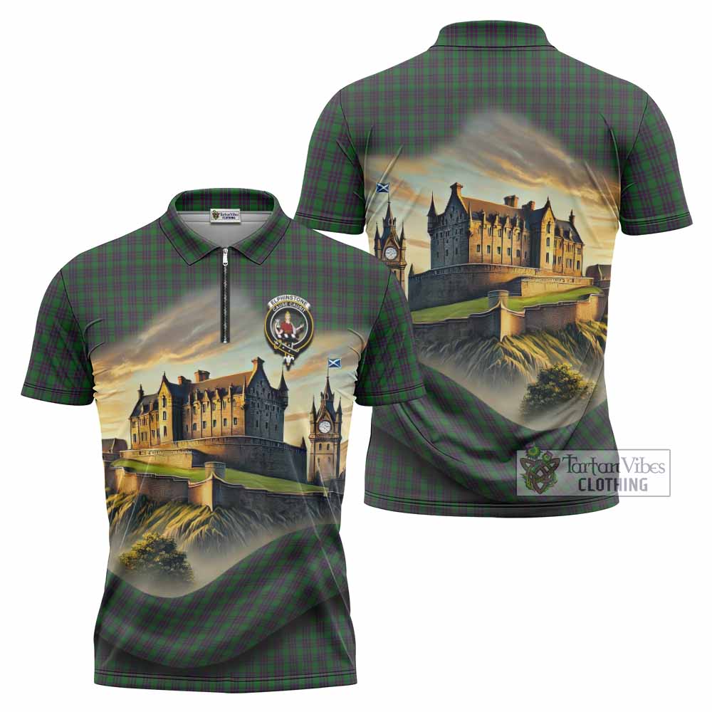 Elphinstone Tartan Family Crest Zipper Polo Shirt with Scottish Ancient Castle Style - Tartan Vibes Clothing